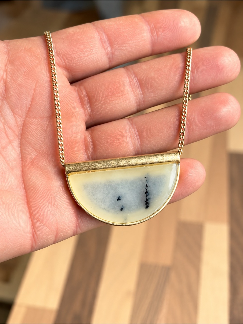 Dendritic Stone Half Moon Pendant Necklace Gold Tone Modernist Statement